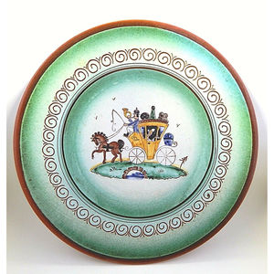 Vintage Austrian Terra-cotta Green Plate Horse Carriage Back Hand-Painted